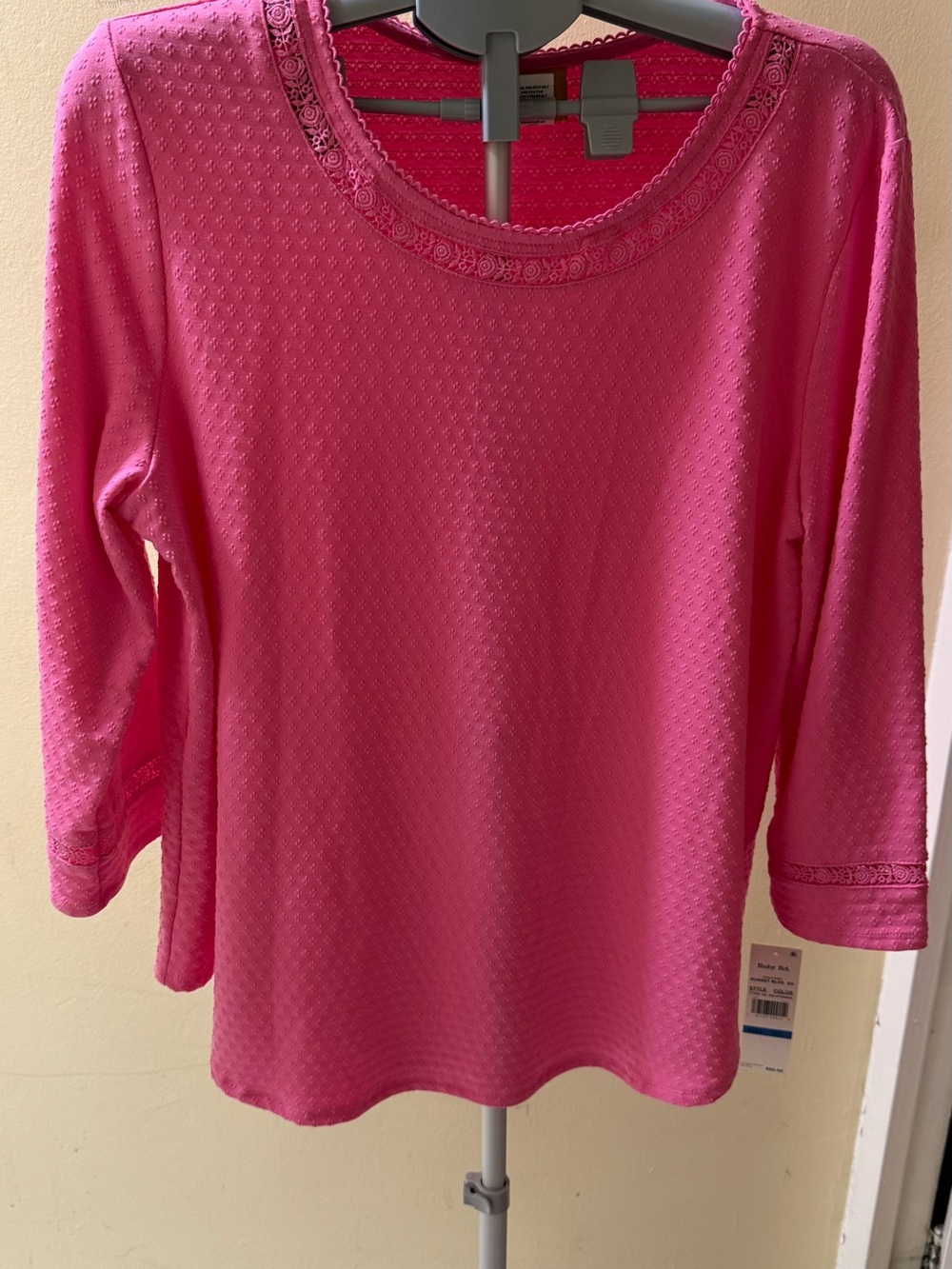 Ruby Rd. Bright Pink Textured Knit Lace-Trim Top